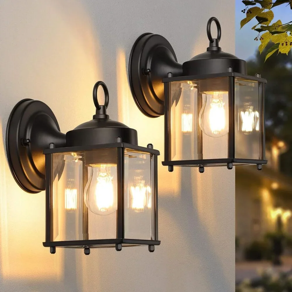Durable Black Outdoor Wall Lantern - Energy Efficient Waterproof Sconces, 2 Pack